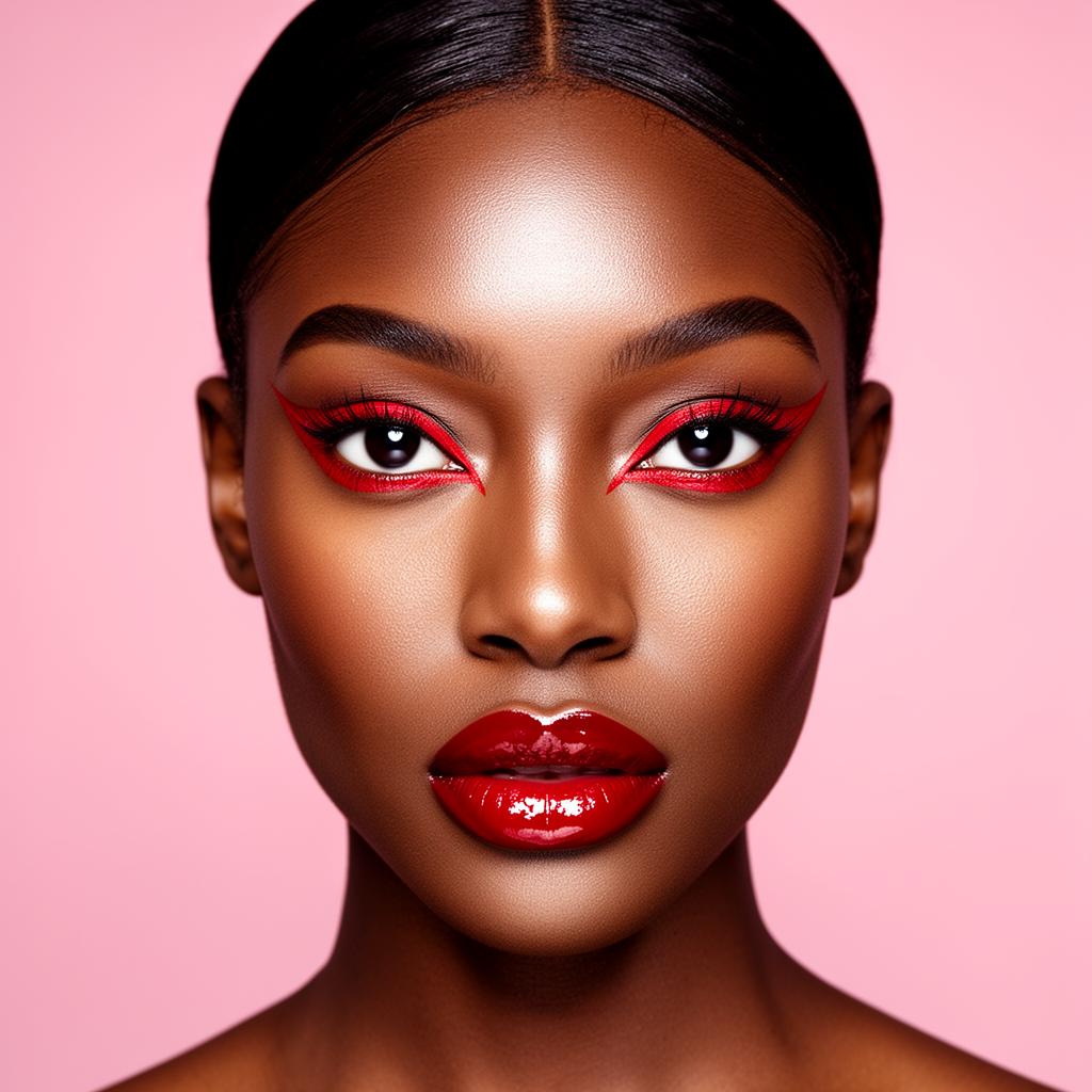 Editorial portrait of a beauty model with cherry-red eyeliner
